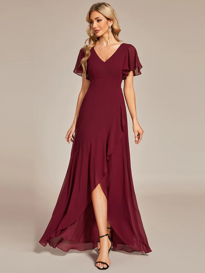 Plus V Neck High Low Ruffles Chiffon Bridesmaid Dresses - CALABRO®