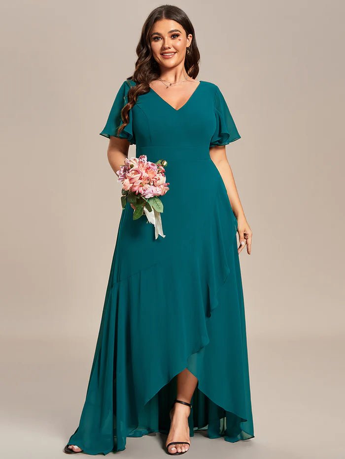 Plus V Neck High Low Ruffles Chiffon Bridesmaid Dresses - CALABRO®