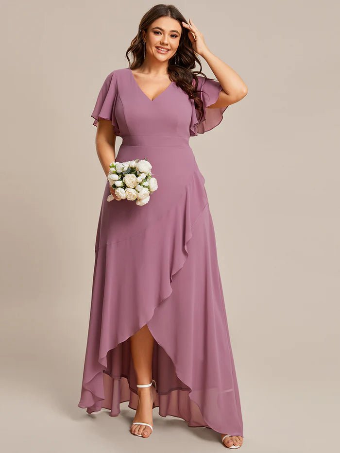 Plus V Neck High Low Ruffles Chiffon Bridesmaid Dresses - CALABRO®