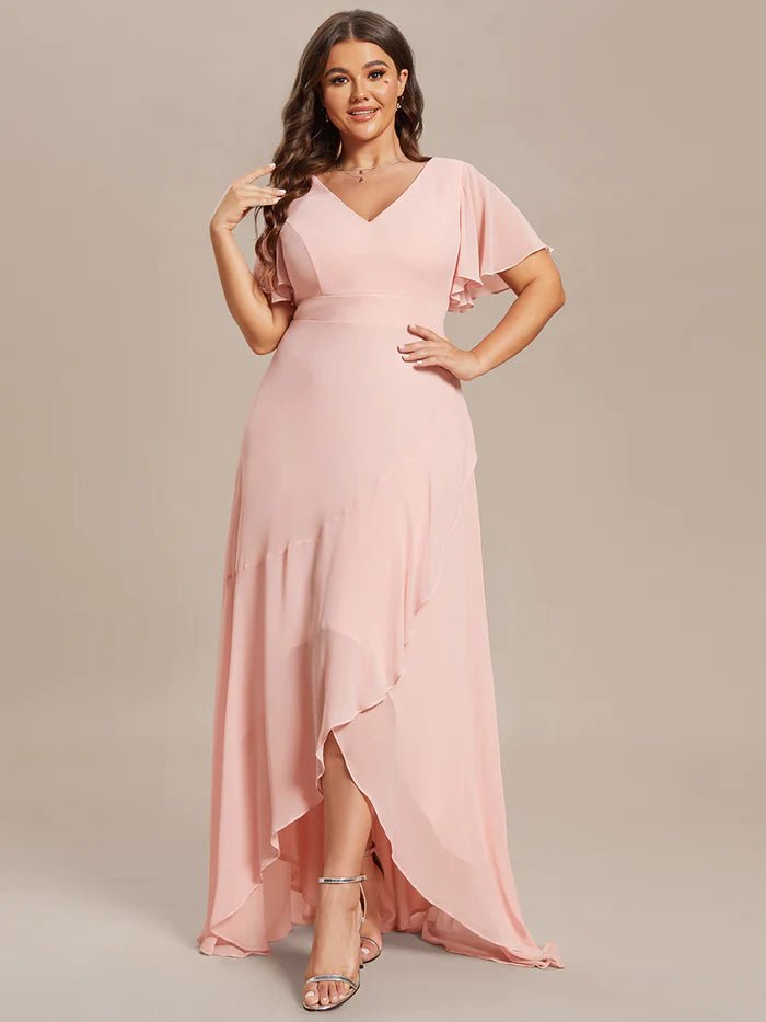 Plus V Neck High Low Ruffles Chiffon Bridesmaid Dresses - CALABRO®