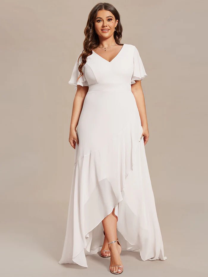 Plus V Neck High Low Ruffles Chiffon Bridesmaid Dresses - CALABRO®