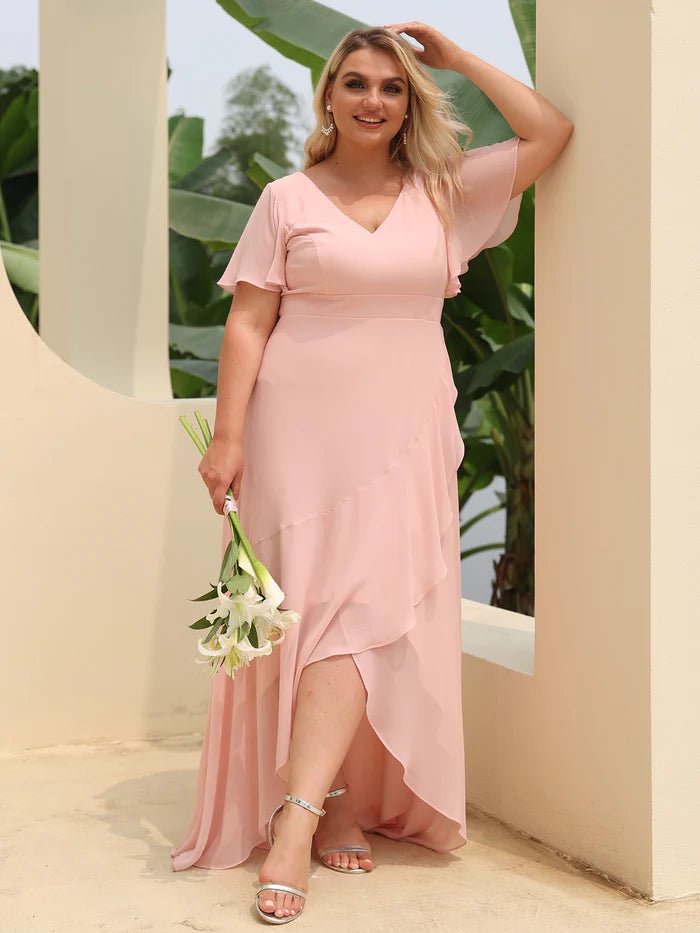 Plus V Neck High Low Ruffles Chiffon Bridesmaid Dresses - CALABRO®