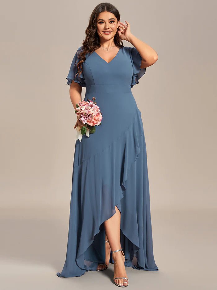 Plus V Neck High Low Ruffles Chiffon Bridesmaid Dresses - CALABRO®