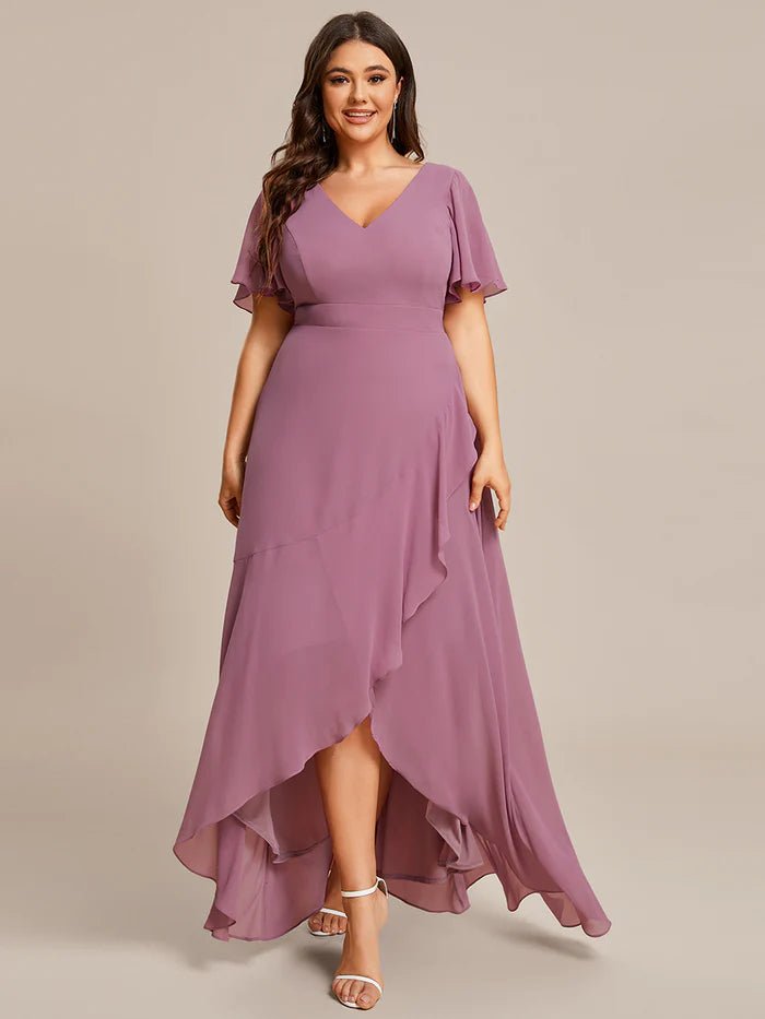 Plus V Neck High Low Ruffles Chiffon Bridesmaid Dresses - CALABRO®