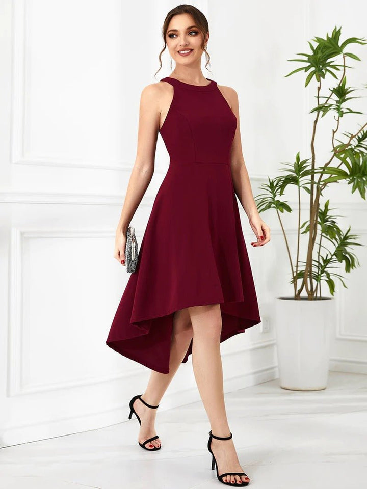 Round Neck Knee Length Asymmetrical Hem Evening DresseS - CALABRO®