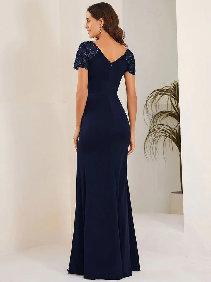 Ruched Belt Evening Dress with Deep-V Side Split Applique - CALABRO®