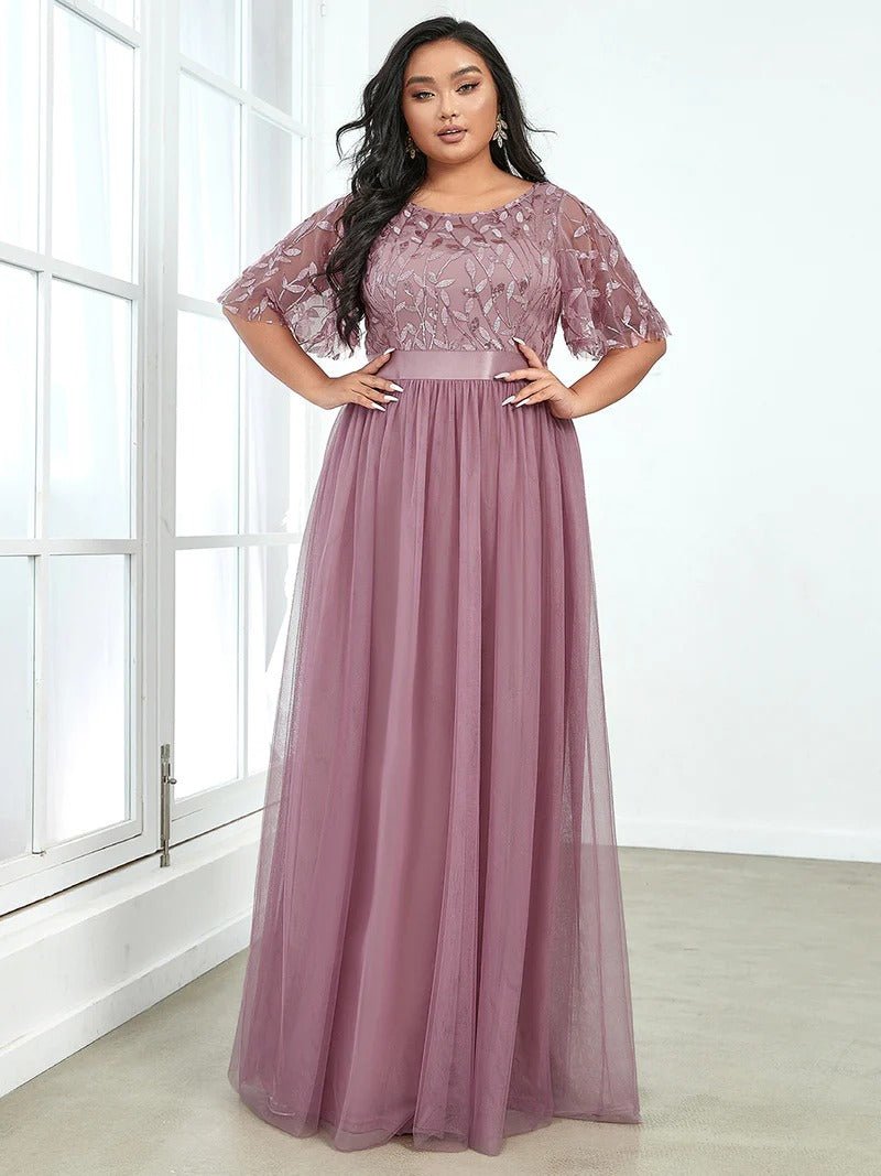 Sequin Print Plus Size Evening Dresses with Cap Sleeve - CALABRO®