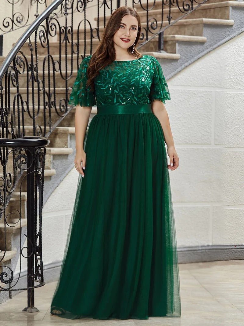 Sequin Print Plus Size Evening Dresses with Cap Sleeve - CALABRO®