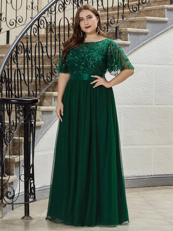 Sequin Print Plus Size Evening Dresses with Cap Sleeve - CALABRO®