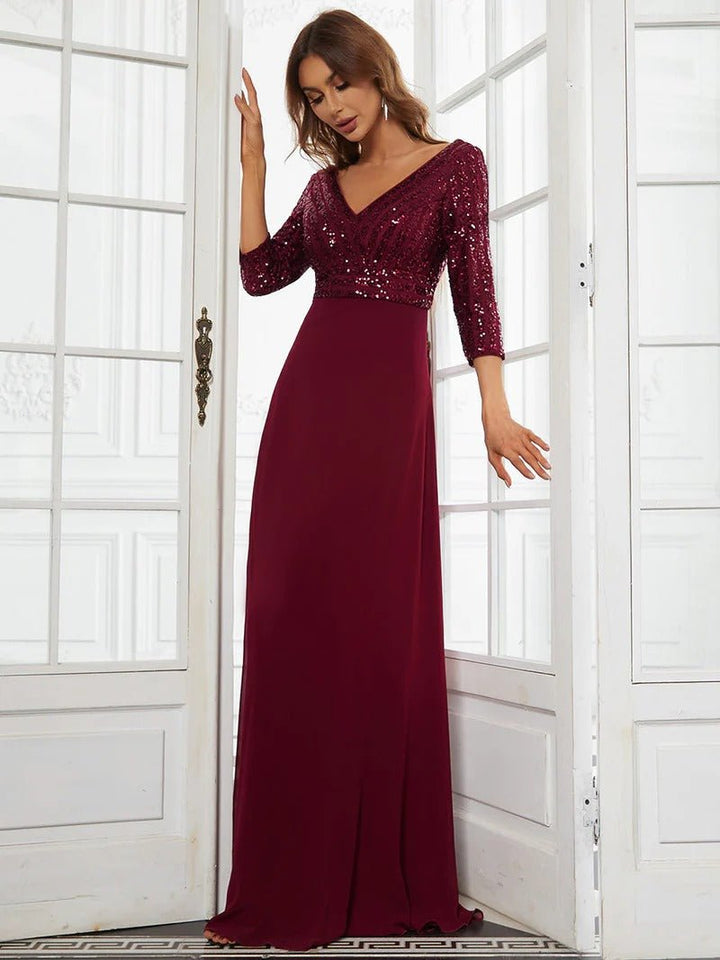 Sexy V Neck A-Line Sequin Evening Dresses With 3/4 Sleeve - CALABRO®