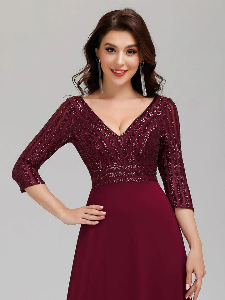 Sexy V Neck A-Line Sequin Evening Dresses With 3/4 Sleeve - CALABRO®