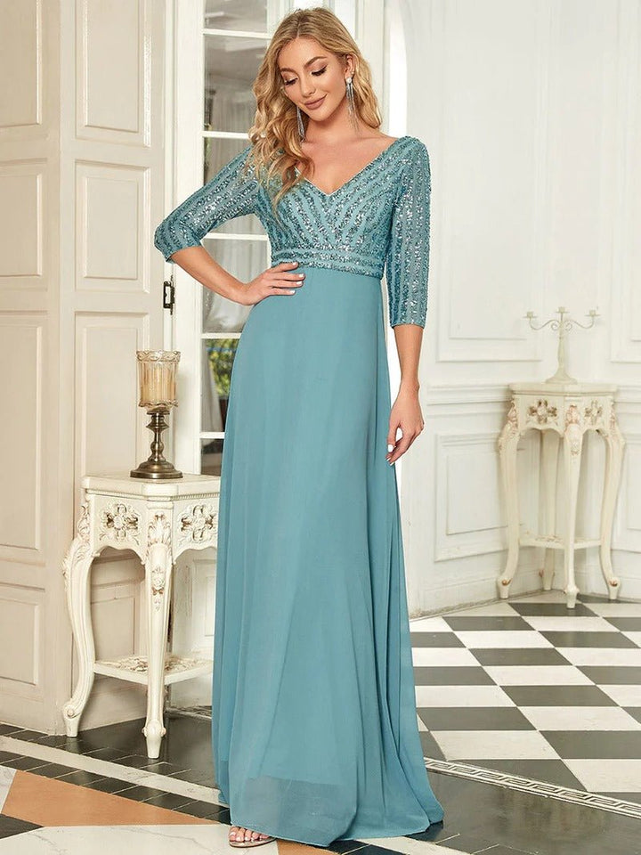 Sexy V Neck A-Line Sequin Evening Dresses With 3/4 Sleeve - CALABRO®