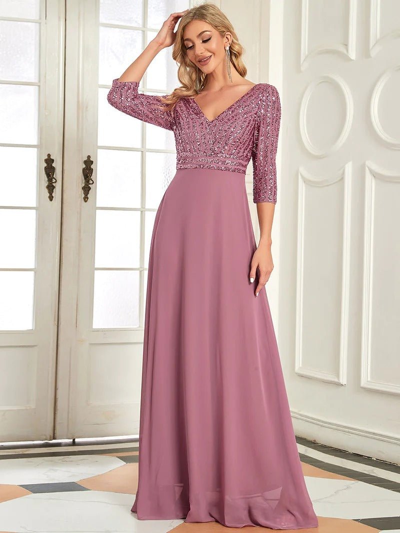 Sexy V Neck A-Line Sequin Evening Dresses With 3/4 Sleeve - CALABRO®