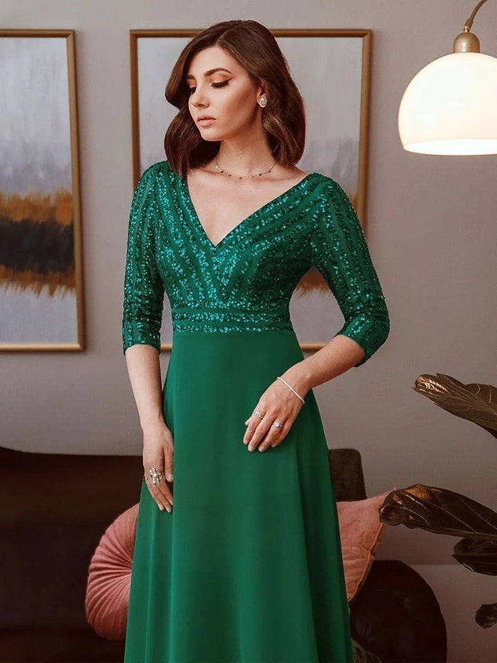 Sexy V Neck A-Line Sequin Evening Dresses With 3/4 Sleeve - CALABRO®