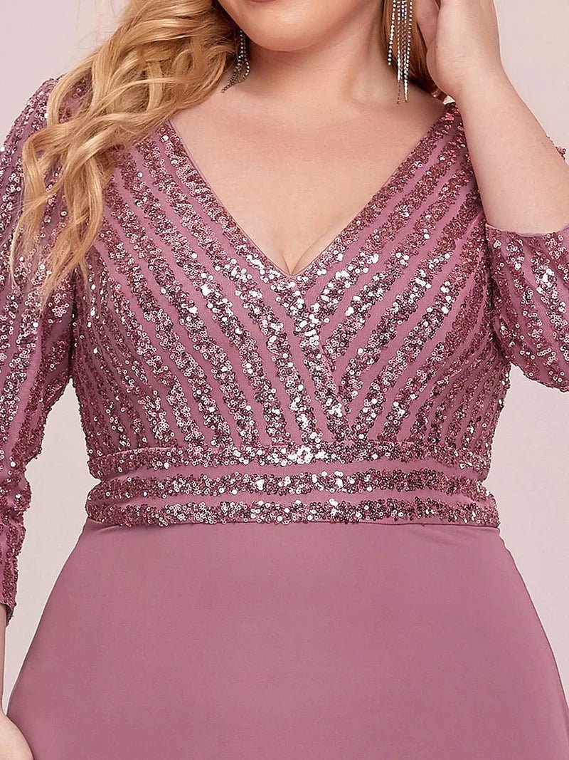 Sexy V Neck Pretty A-Line Sequin Evening Dresses With 3/4 Sleeve - CALABRO®