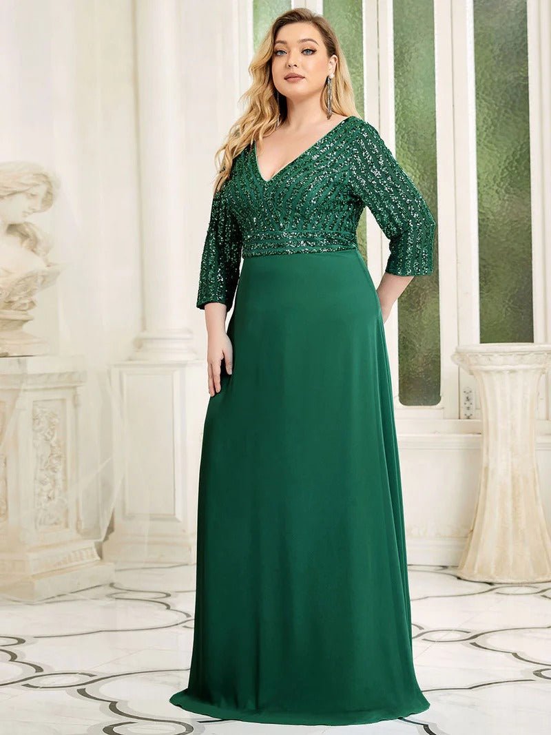 Sexy V Neck Pretty A-Line Sequin Evening Dresses With 3/4 Sleeve - CALABRO®