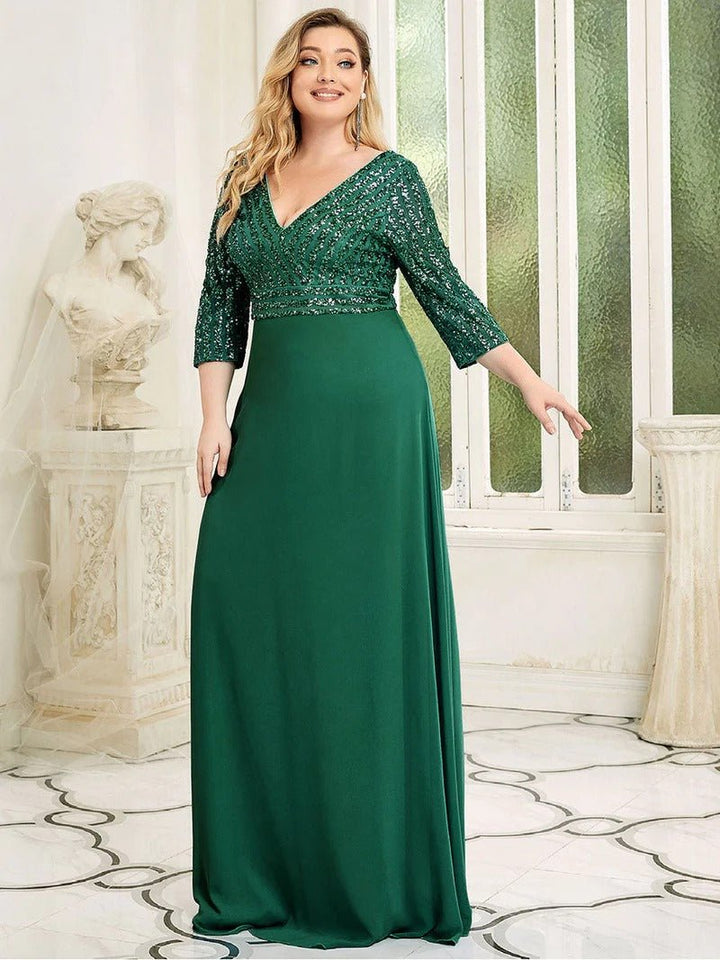 Sexy V Neck Pretty A-Line Sequin Evening Dresses With 3/4 Sleeve - CALABRO®