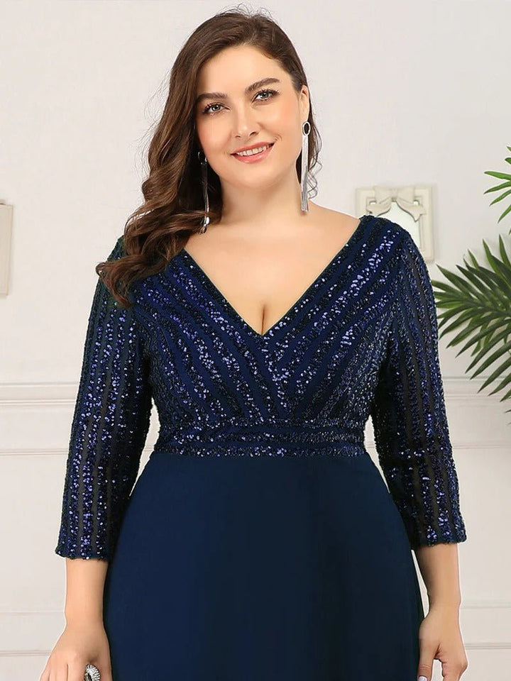 Sexy V Neck Pretty A-Line Sequin Evening Dresses With 3/4 Sleeve - CALABRO®