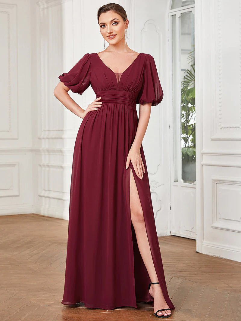 Short Balloon Sleeve Flowy Bridesmaid Dress - CALABRO®