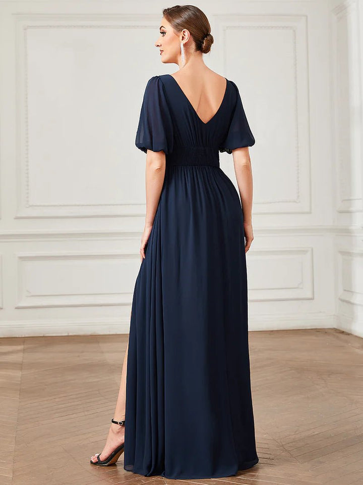 Short Balloon Sleeve Flowy Bridesmaid Dress - CALABRO®