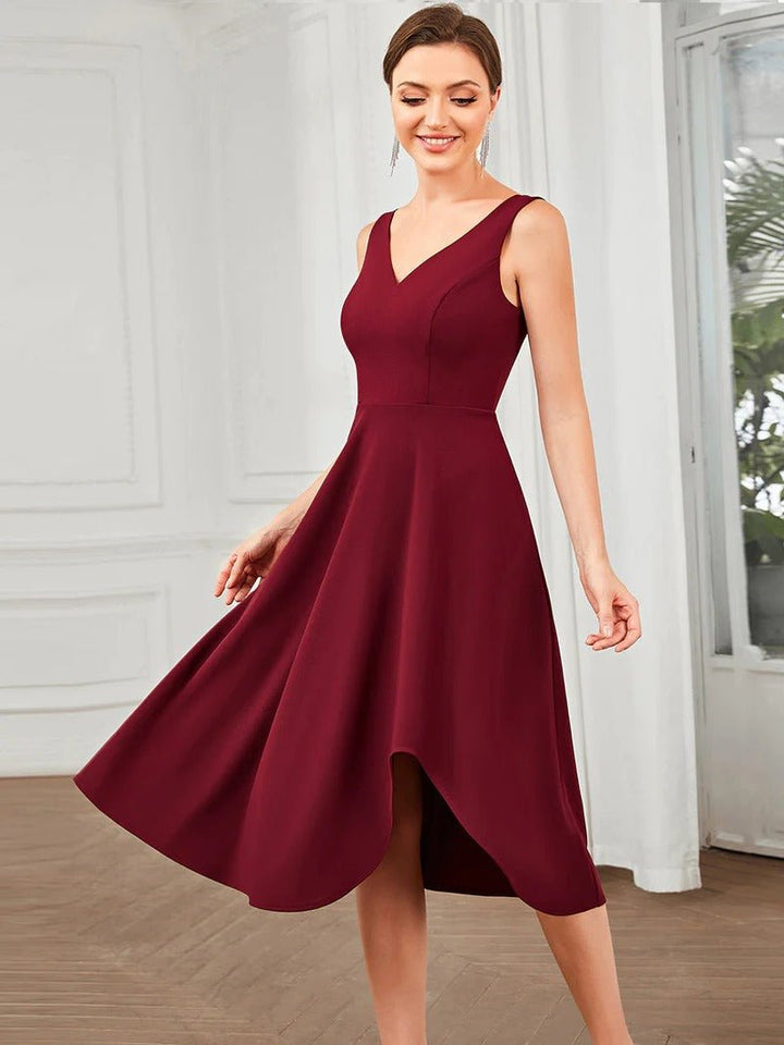 Sleeveless Asymmetrical Hem Evening Dresses with V Neck - CALABRO®