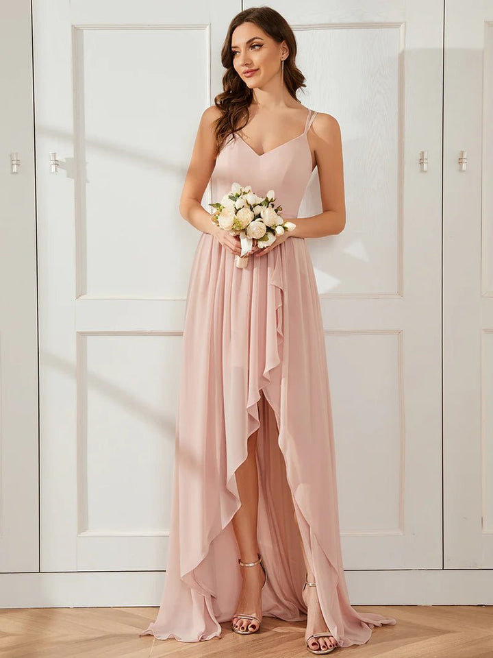 Spaghetti Straps Slit A-Line Chiffon Ruffle Bridesmaid Dress - CALABRO®