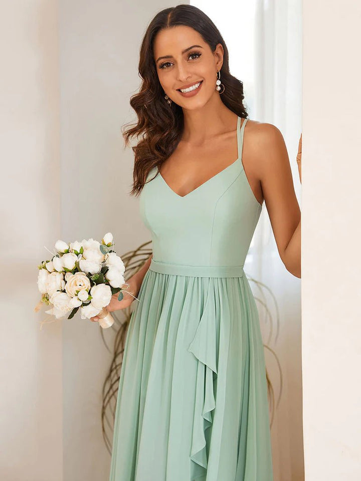 Spaghetti Straps Slit A-Line Chiffon Ruffle Bridesmaid Dress - CALABRO®