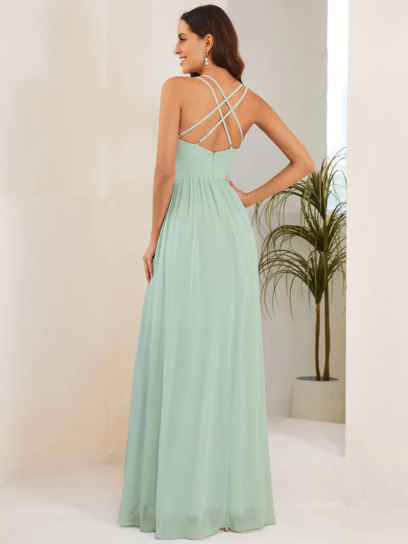 Spaghetti Straps Slit A-Line Chiffon Ruffle Bridesmaid Dress - CALABRO®