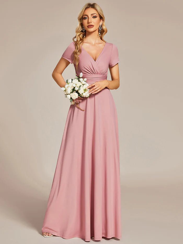 V Neck A Line Ruched Bridesmaid Dresses - CALABRO®